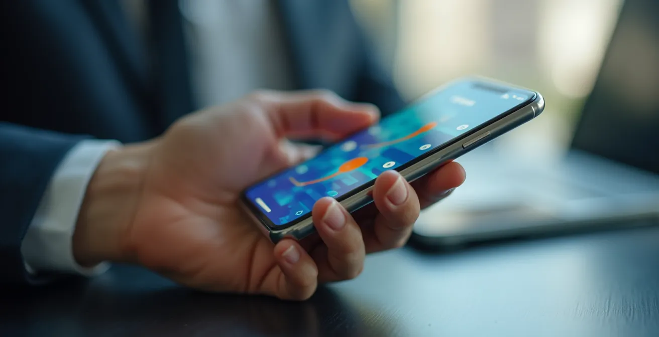 Primo piano di mano che tiene smartphone con notifica colorata di dashboard aziendale