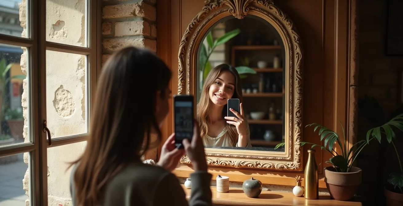 Angolo fotografico brandizzato all'interno di un negozio storico italiano, alternativa economica alla tecnologia complessa.