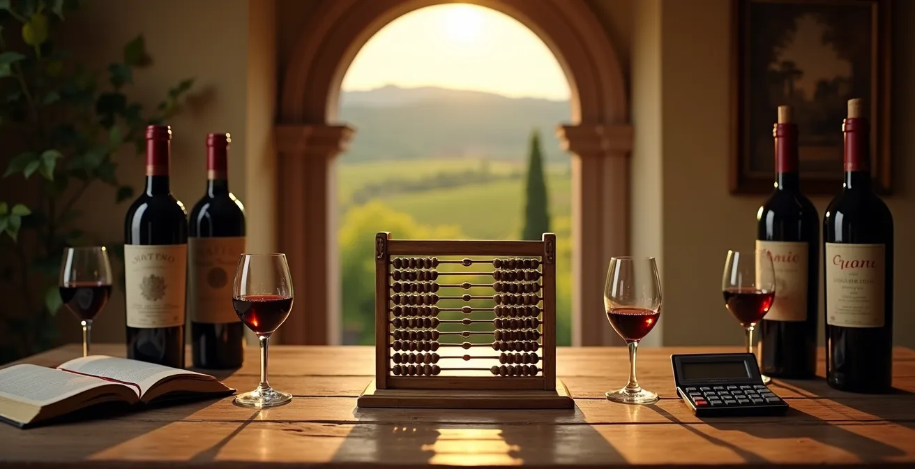Cantina vinicola toscana con bottiglie premium e calcolatrice vintage su tavolo rustico
