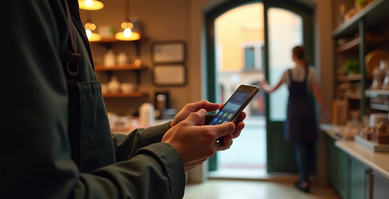 Smartphone mostra notifiche social mentre cliente entra in negozio italiano