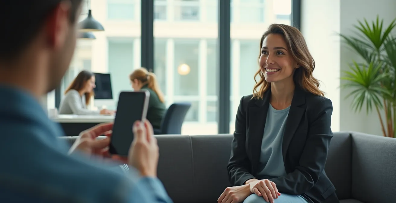 Professionista italiano durante ripresa video informale con smartphone in ambiente lavorativo