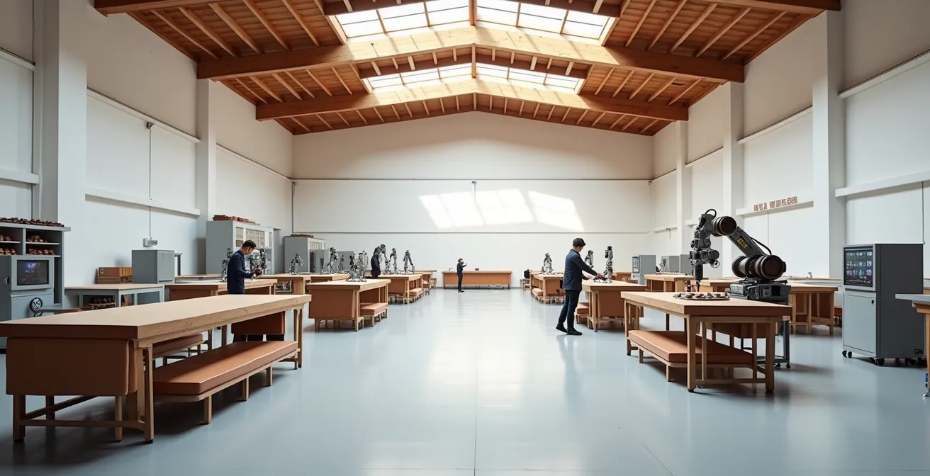 Vista panoramica di un laboratorio calzaturiero nelle Marche dove artigiani e robot collaborano