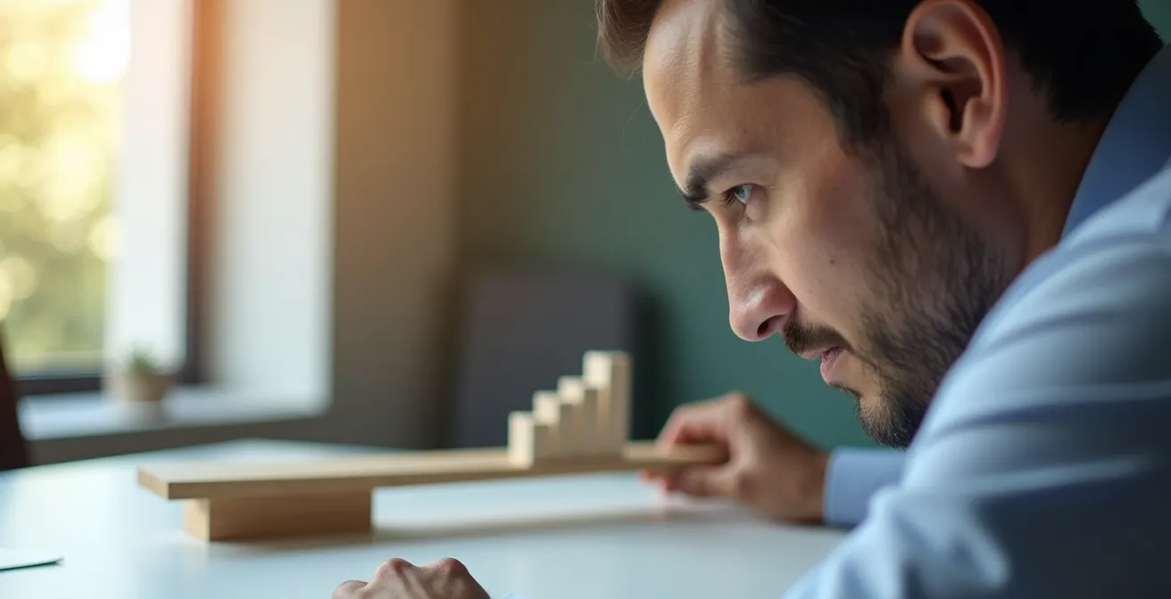 Professionista che bilancia elementi simbolici di sicurezza del brand