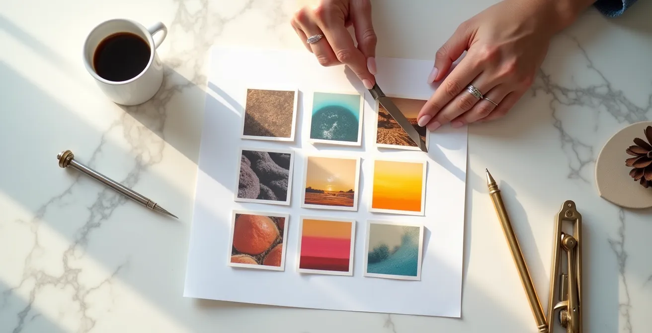 Vista aerea di un tavolo con mood board per strategia social