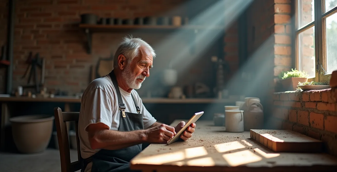 Imprenditore anziano utilizza WhatsApp Business su tablet in bottega artigianale italiana