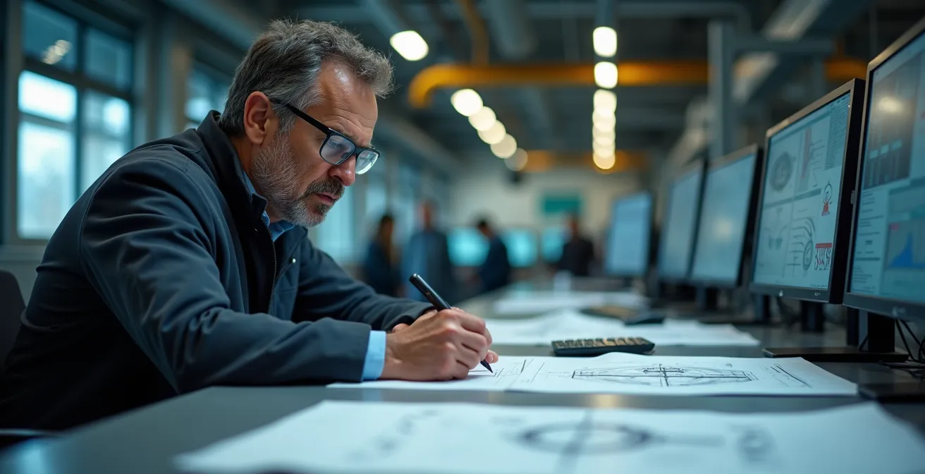 Ingegnere al lavoro su documenti tecnici in ambiente industriale moderno