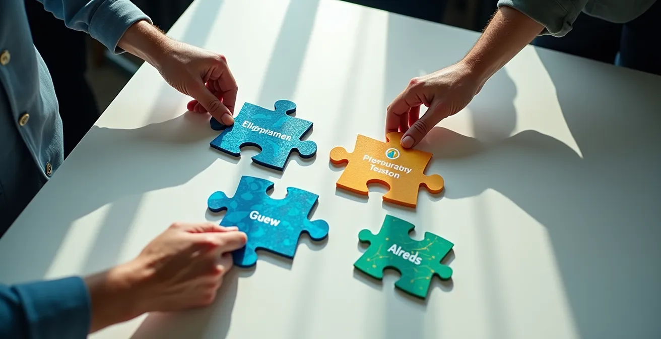 Vista dall'alto di professionisti che collegano sistemi digitali diversi