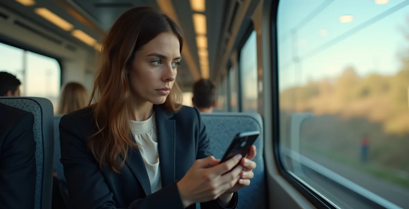 Manager italiano guarda video B2B su smartphone durante viaggio in treno