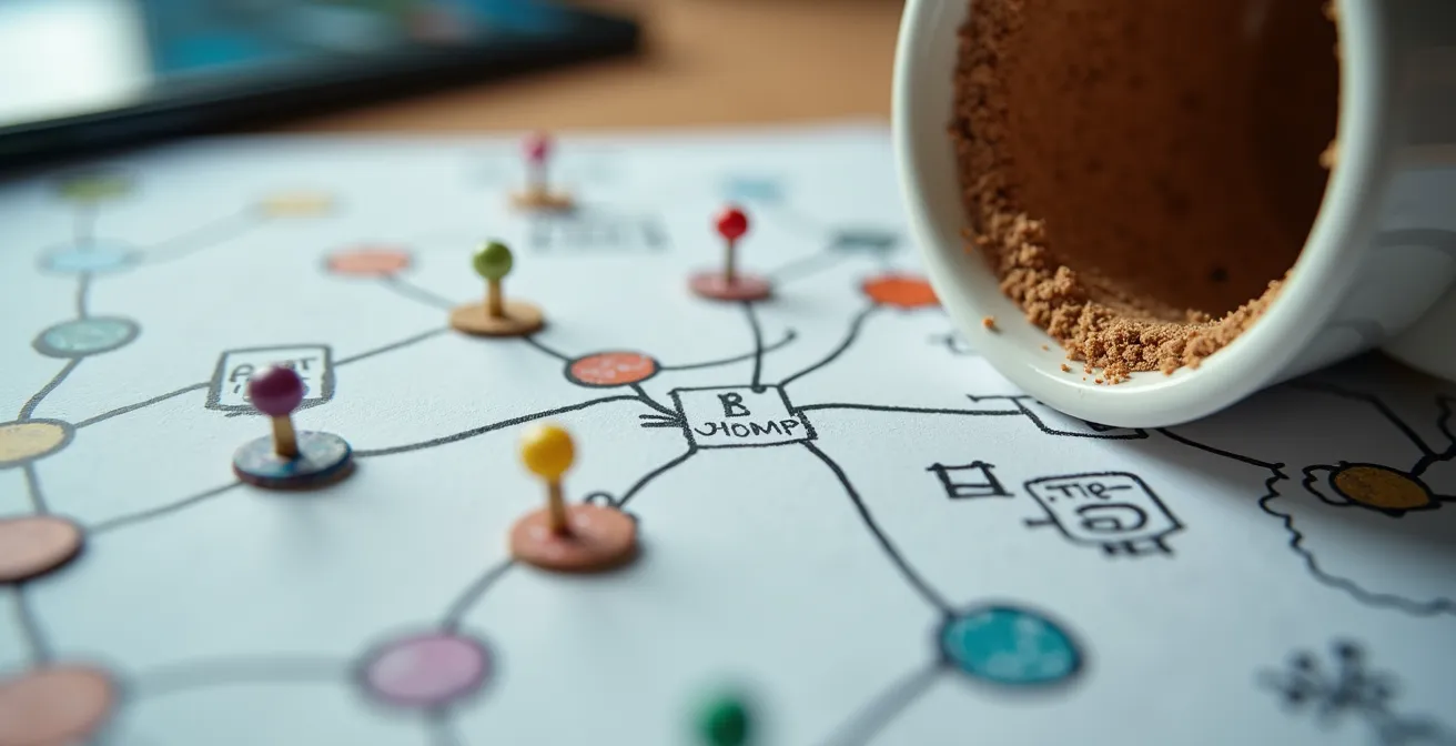 Vista macro di una mappa touchpoint con elementi fisici e digitali interconnessi