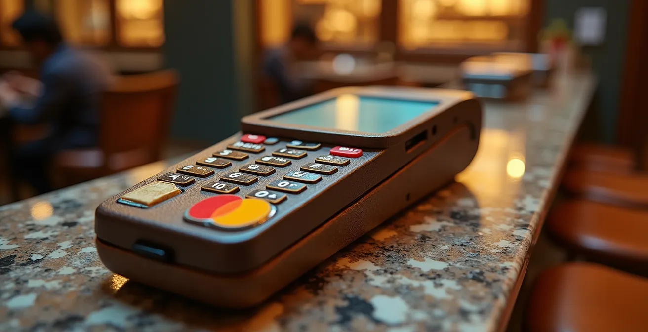 Piccolo negozio in centro storico italiano con integrazione discreta di tecnologie digitali