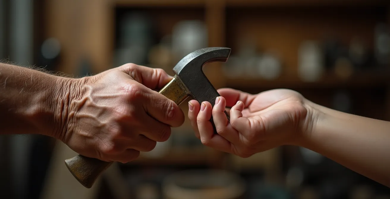 Mani di diverse generazioni si passano simbolicamente un oggetto che rappresenta l'eredità aziendale