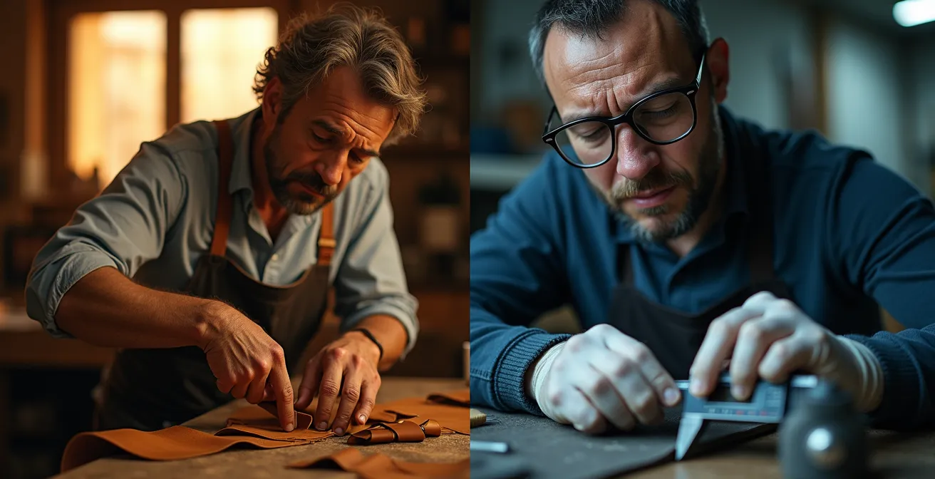 Composizione split screen mostra artigiano italiano che lavora il cuoio a sinistra e ingegnere con componente di precisione a destra