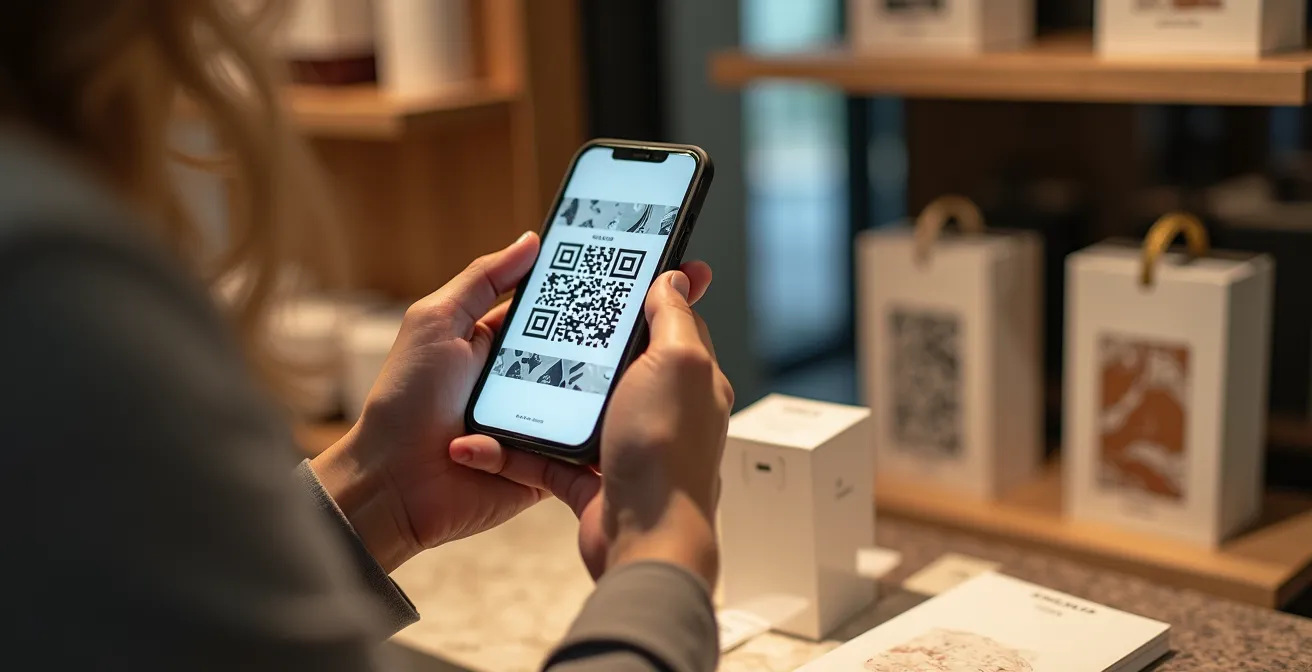 Cliente che scansiona un QR code in un negozio italiano per accedere a informazioni prodotto digitali