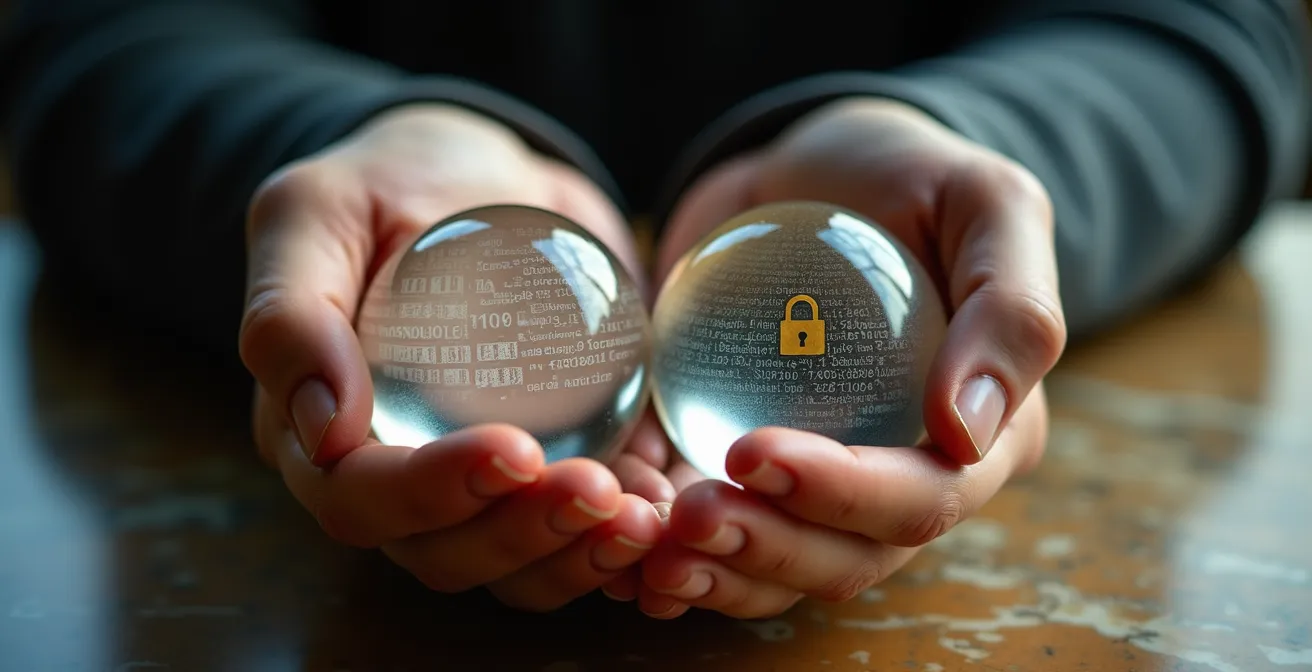 Mani che tengono delicatamente sfere di cristallo trasparenti simboleggianti dati protetti