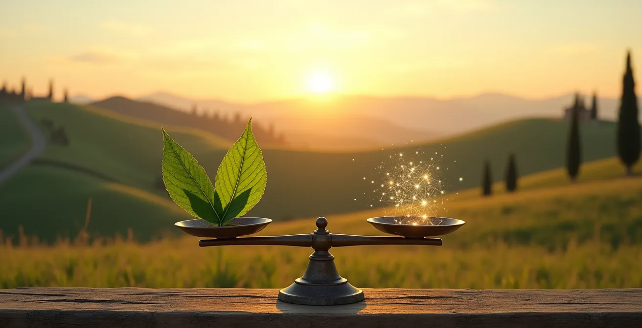 Bilancia simbolica tra foglia verde e circuito digitale in ambiente naturale italiano