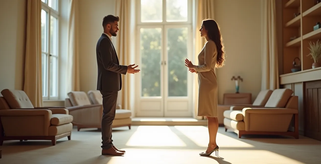 Vista ampia di uno showroom con configuratore AR, clienti che interagiscono con mobili virtuali