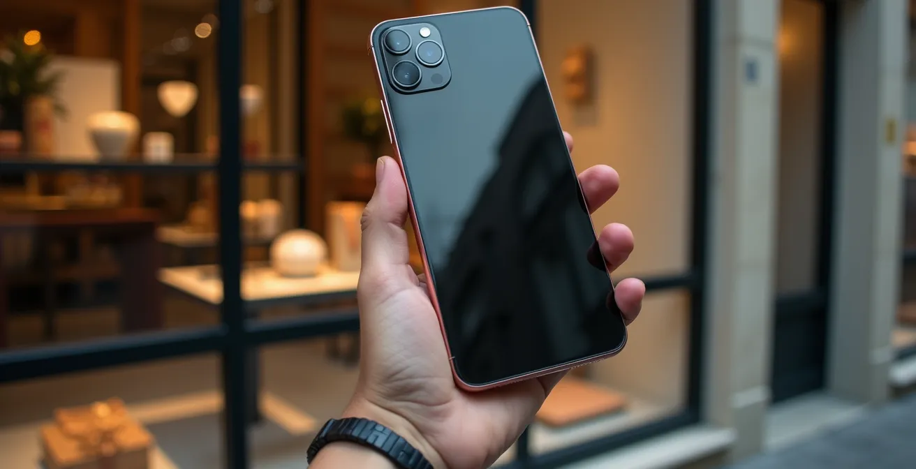 Smartphone tenuto di spalle mostra riflesso di vetrina negozio di design milanese con prodotti artigianali