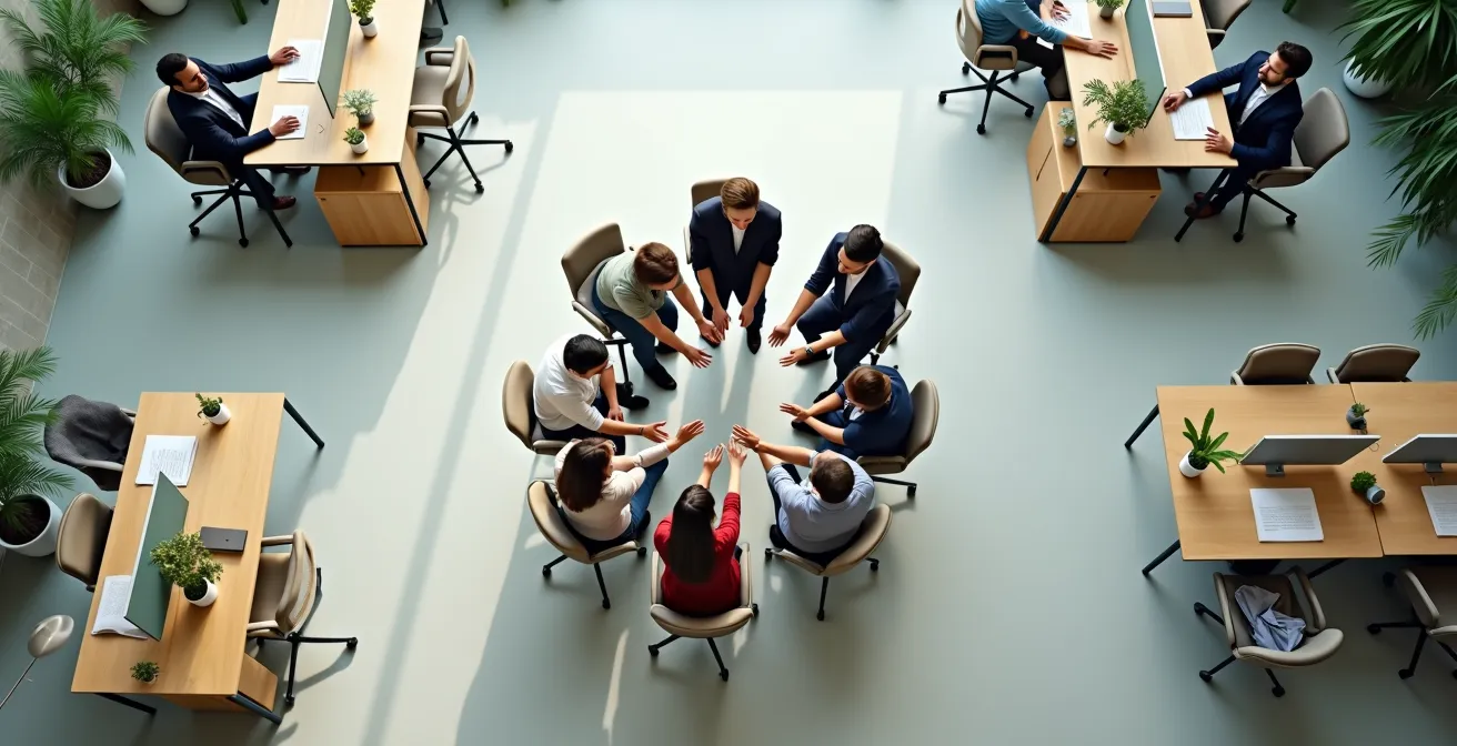 Vista aerea minimalista di un ufficio open space con team riunito in cerchio