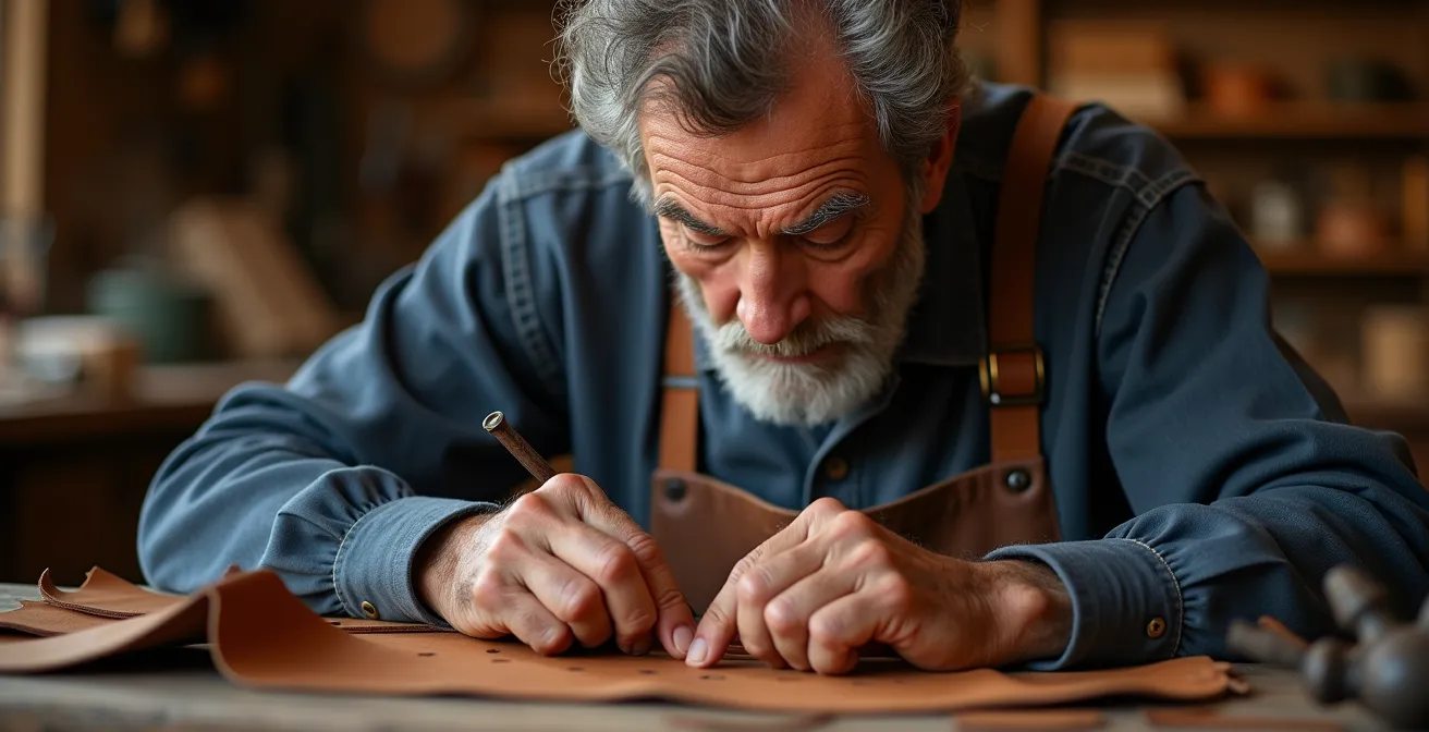 Documentazione visiva del processo produttivo artigianale italiano che mostra un artigiano al lavoro con grande concentrazione.