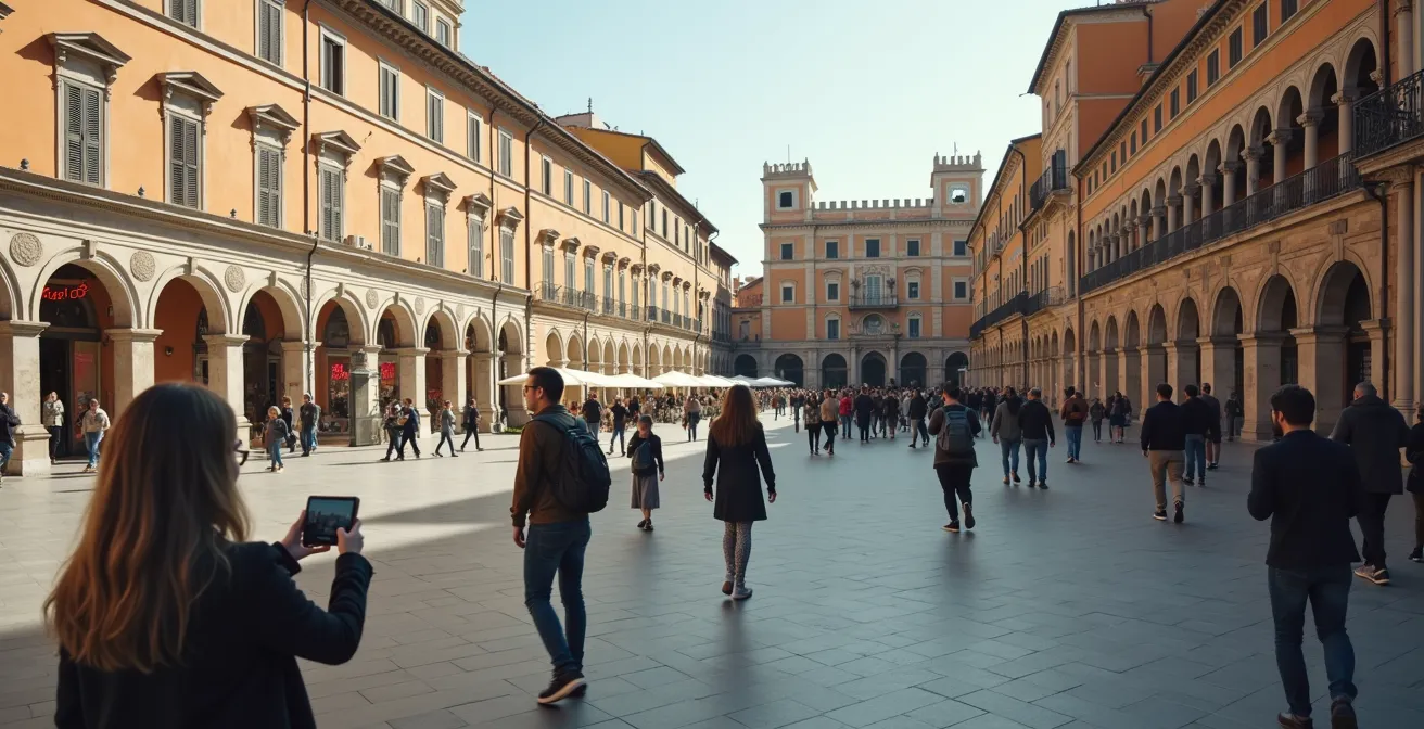 Gruppo di turisti in piazza storica italiana consulta dispositivi mobili